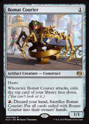 Bomat Courier
 Haste
Whenever Bomat Courier attacks, exile the top card of your library face down. (You can't look at it.)
{R}, Discard your hand, Sacrifice Bomat Courier: Put all cards exiled with Bomat Courier into their owners' hands.